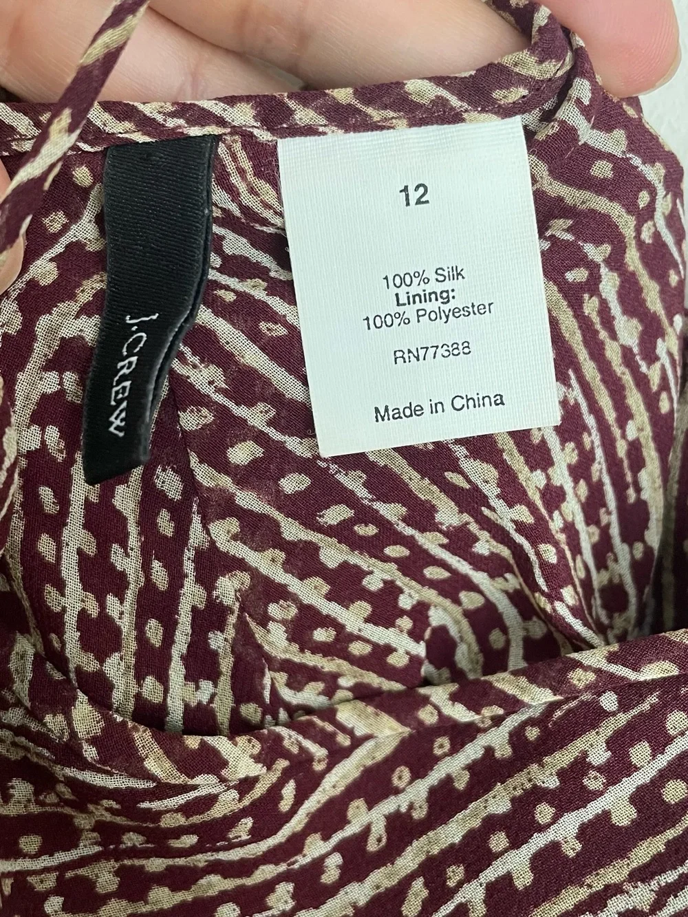 J. Crew VTG Silk Spiral-Print Maxi Dress Tan Burgundy Abstract Geometric SZ 12